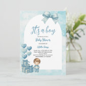 Boy Blue Bow Balloon Baby Shower招待状 招待状 (スタンド正面)