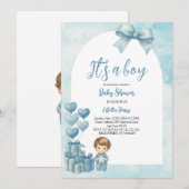 Boy Blue Bow Balloon Baby Shower招待状 招待状 (正面/裏面)