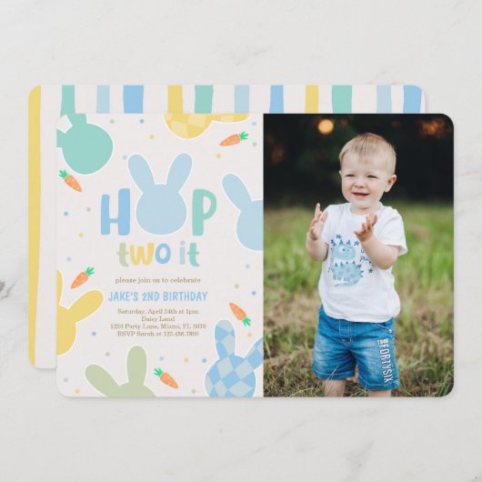 Boy Blue Bunny 2nd誕生日の写真 招待状 (正面/裏面)