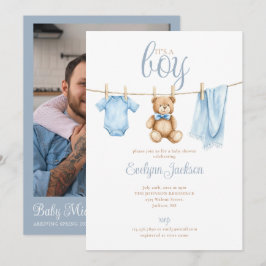 Boy Blue Clothesline Baby Shower Photo QR Code 招待状