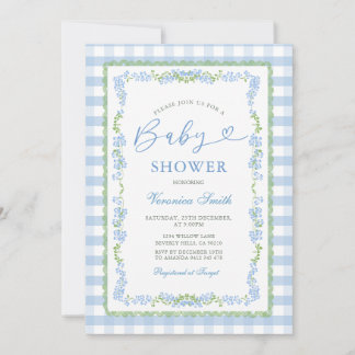 Boy Blue Floral Grandmillenial Baby Shower Gingham 招待状