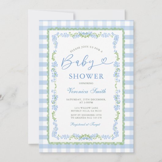 Boy Blue Floral Grandmillenial Baby Shower Gingham 招待状 (正面)