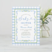 Boy Blue Floral Grandmillenial Baby Shower Gingham 招待状 (スタンド正面)