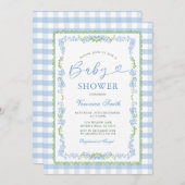 Boy Blue Floral Grandmillenial Baby Shower Gingham 招待状 (正面/裏面)