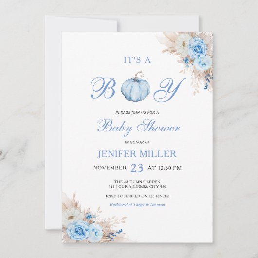 Boy Blue Pumpkin Baby Shower 招待状 (正面)
