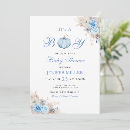 Boy Blue Pumpkin Baby Shower 招待状 (スタンド正面)