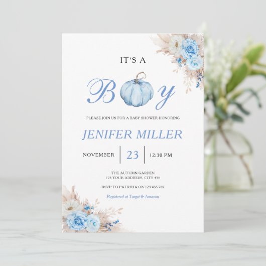 Boy Blue Pumpkin Baby Shower 招待状 (スタンド正面)