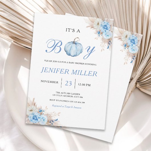 Boy Blue Pumpkin Baby Shower 招待状