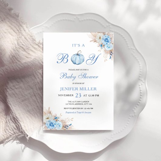 Boy Blue Pumpkin Baby Shower 招待状