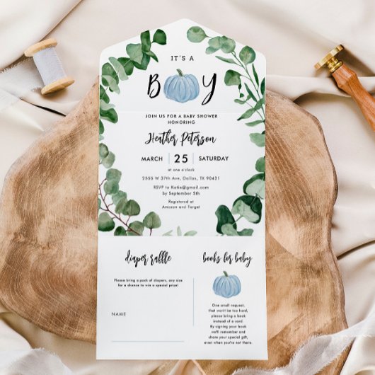 Boy Blue Pumpkin Boy Baby Shower オールインワン招待状