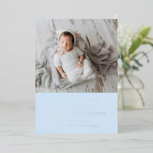 Boy Blue Silver Foil写真誕生のお知らせ 箔招待状 (立ち正面)