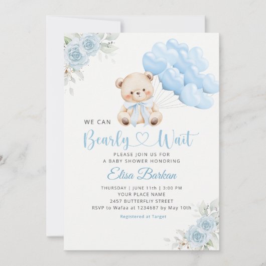 Boy Boho Teddy Bear We Can Bearly Wait Baby Shower 招待状 (正面)
