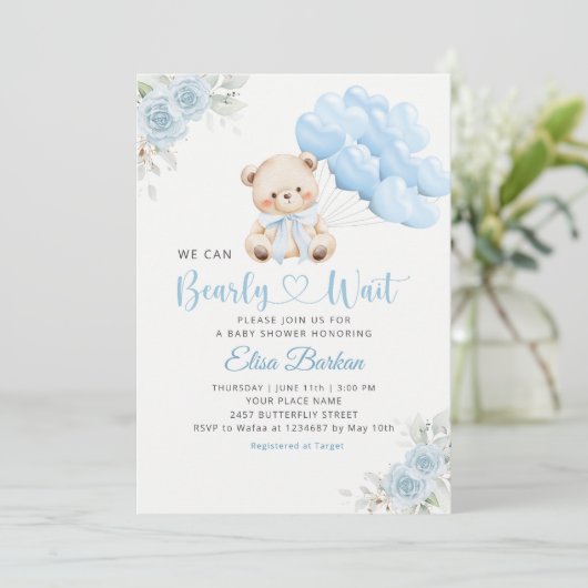 Boy Boho Teddy Bear We Can Bearly Wait Baby Shower 招待状 (スタンド正面)