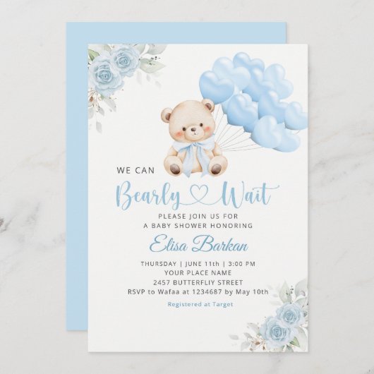 Boy Boho Teddy Bear We Can Bearly Wait Baby Shower 招待状 (正面/裏面)