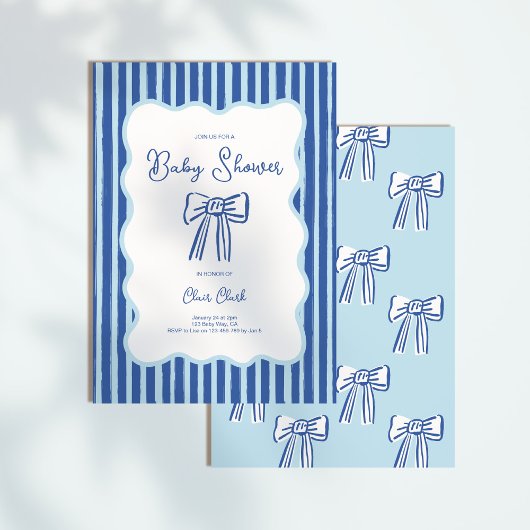 Boy Bow Invitation, Blue Hand Drawn Baby Shower 招待状