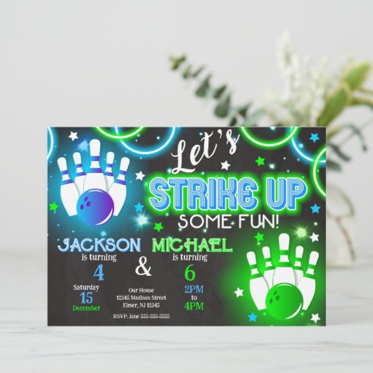 Boy Bowling Invitation Glow Neon Joint Birthday 招待状 (スタンド正面)