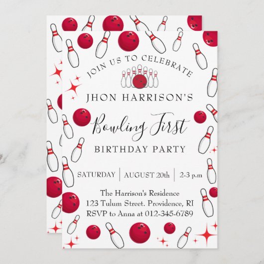 Boy Bowling Party 1st Birthday 招待状 (正面/裏面)