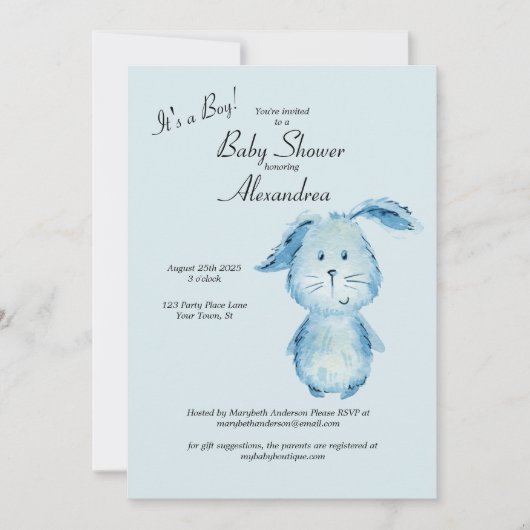Boy Bunny Water Color Baby Shower 招待状 (正面)