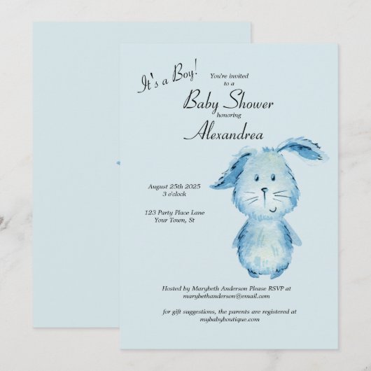Boy Bunny Water Color Baby Shower 招待状 (正面/裏面)