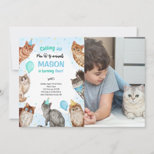Boy Cat Pawty Animals誕生日写真 招待状 (正面)