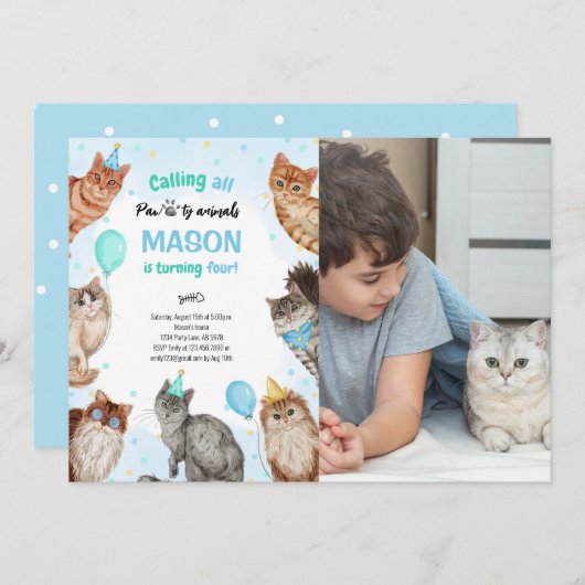 Boy Cat Pawty Animals誕生日写真 招待状 (正面/裏面)