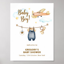 Boy Clothesline Airplane Sky Baby Shower Welcome  ポスター