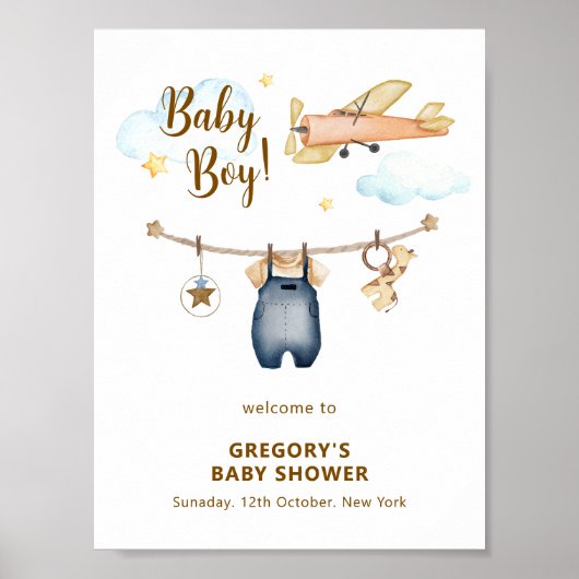 Boy Clothesline Airplane Sky Baby Shower Welcome  ポスター (正面)