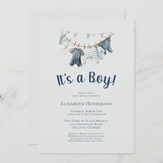 Boy Clothesline Baby Shower 招待状 (正面/裏面)