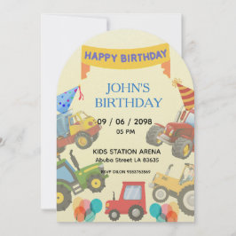 Boy Colorful Cartoon Tractor theme invitation 招待状