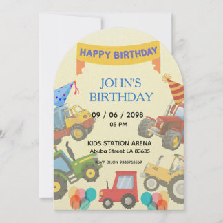 Boy Colorful Cartoon Tractor theme invitation 招待状