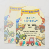 Boy Colorful Cartoon Tractor theme invitation  招待状 (正面/裏面)
