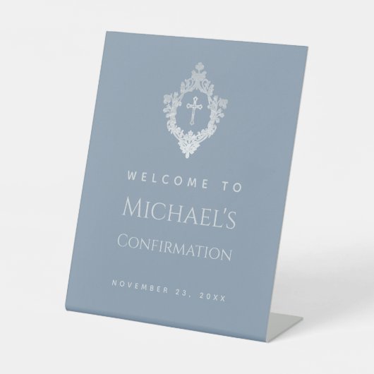 Boy Confirmation Dusty Blue Elegant Cross in Crest 台座サイン (正面)