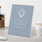 Boy Confirmation Dusty Blue Elegant Cross in Crest 台座サイン (インサイチュ)