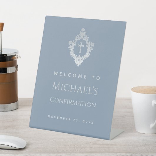 Boy Confirmation Dusty Blue Elegant Cross in Crest 台座サイン (インサイチュ)