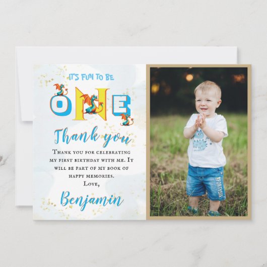 Boy Dinosaur写真パーソナライズされた第1誕生日 サンキューカード (正面)