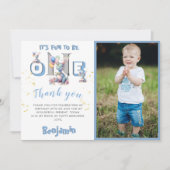 Boy Dinosaur写真パーソナライズされた第1誕生日 サンキューカード (正面)