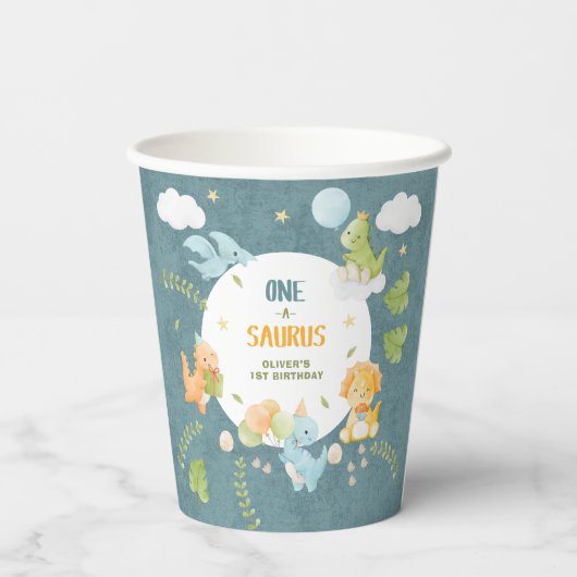 Boy Dinosaur 1st Birthday Party One-A-Saurus 紙コップ (裏面)