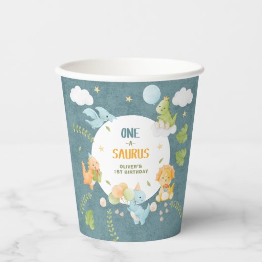 Boy Dinosaur 1st Birthday Party One-A-Saurus 紙コップ (正面)