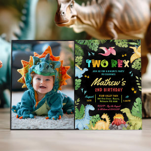 Boy Dinosaur 2歳レックス2歳パーティー写真 招待状