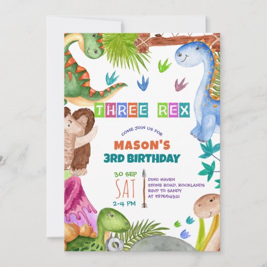 Boy Dinosaur 3rd Birthday Invitation 招待状 (正面)