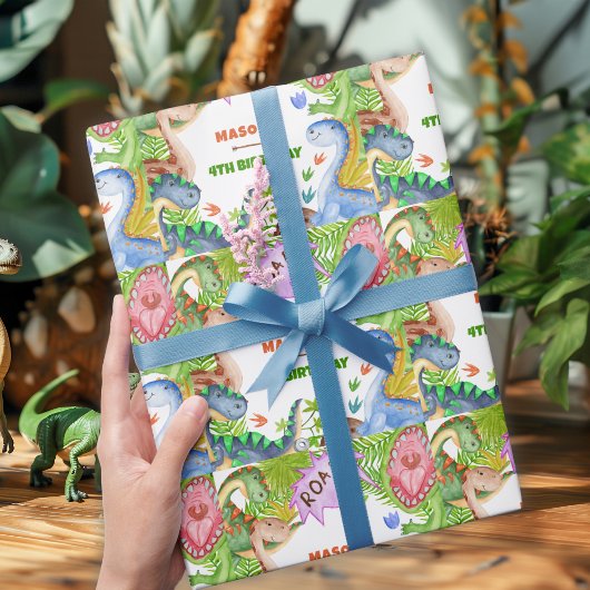 Boy Dinosaur 4th Birthday Invitation ラッピングペーパー