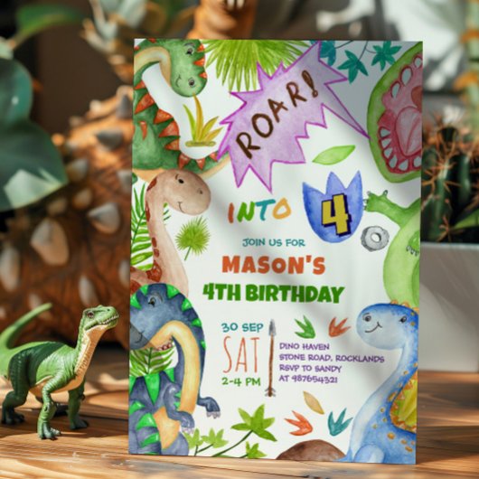 Boy Dinosaur 4th Birthday Invitation 招待状