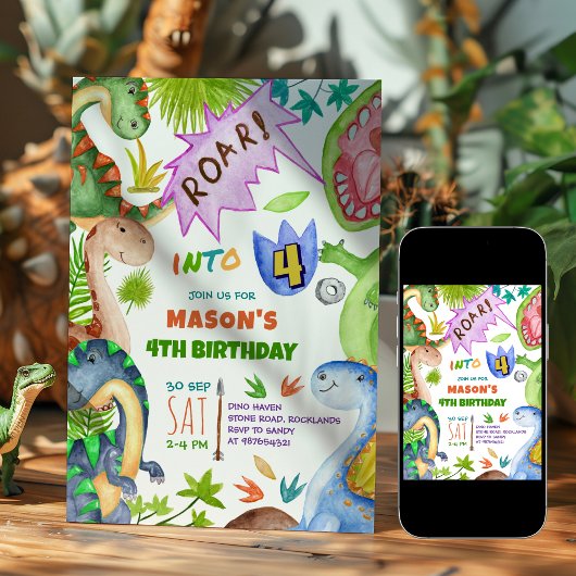 Boy Dinosaur 4th Birthday Invitation 招待状