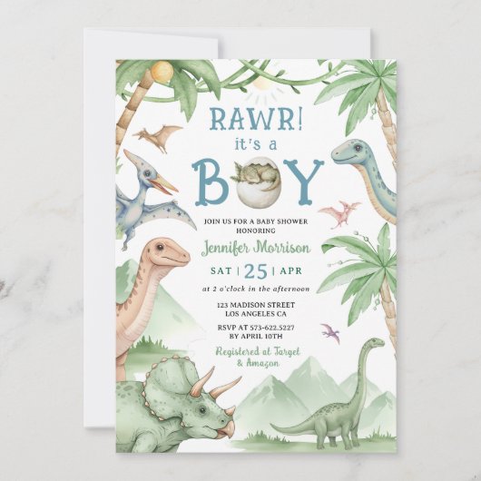 Boy Dinosaur Baby Shower Invitation 招待状 (正面)