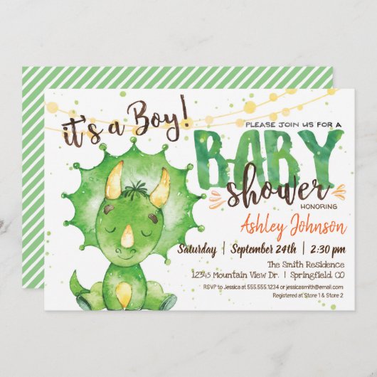 Boy Dinosuar Baby Shower招待 招待状 (正面/裏面)