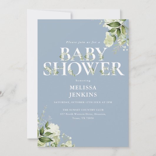 Boy Dusty Blue Greenery QRコードベビーシャワー 招待状 (正面)