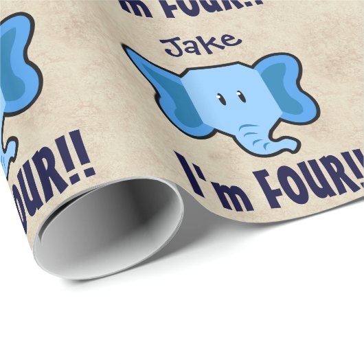 BOY E04Z向けの4歳目の誕生日可愛い青い象の顔 ラッピングペーパー (ロールコーナー)