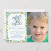 Boy Elephant Any Number写真誕生日パーティー 招待状 (正面)
