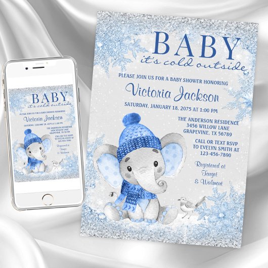 Boy Elephant Baby 寒いけどBaby Shower 招待状