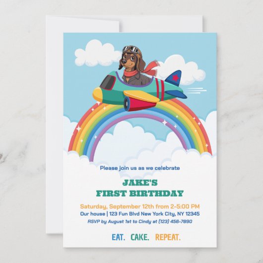 Boy First Birthday Dog Pilot Airplane Clouds Cute 招待状 (正面)